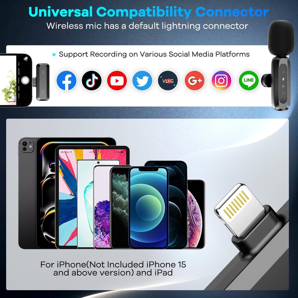 ODGG 2 Pack Wireless Lavalier Microphone for iPhone 15, USB C Lightning