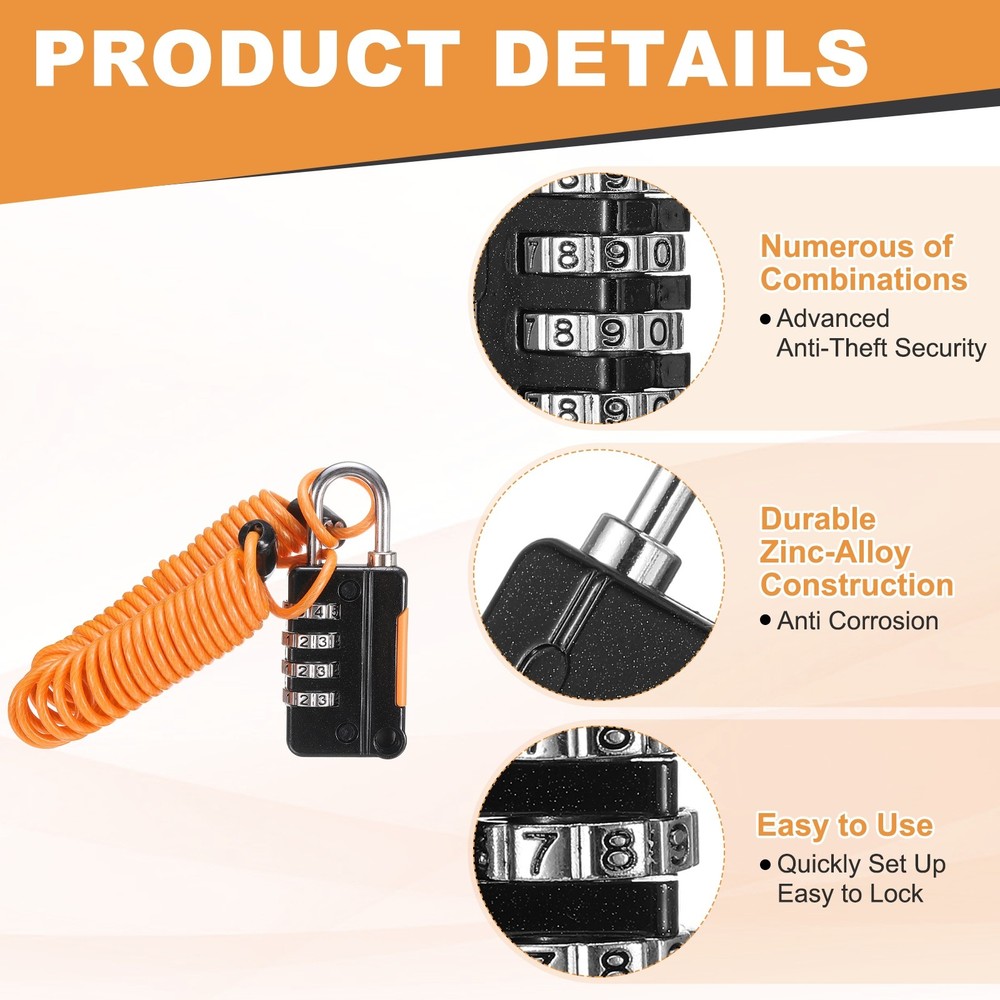 Luggage Lock, 4 Digit Combination Padlock with Flexible Orange Cable (220cm)