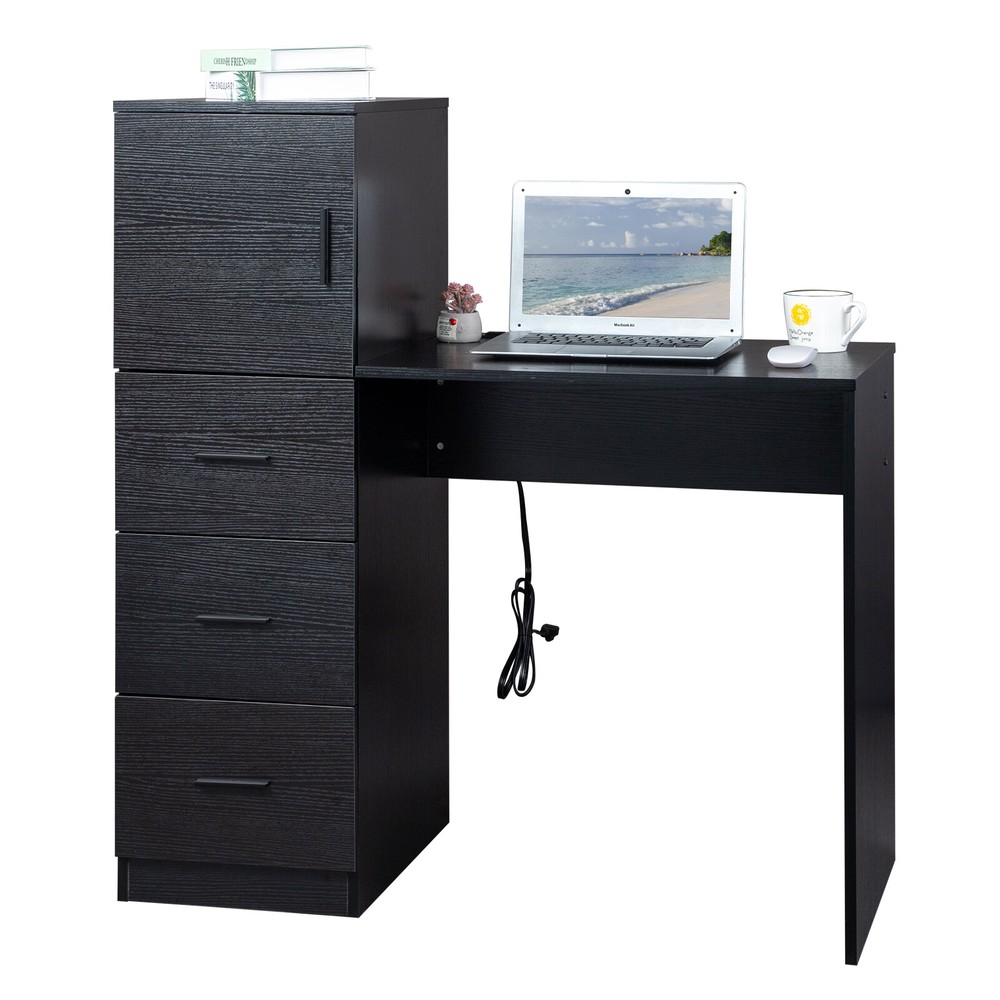 Black embossed melamine particleboard computer desk with 2 power sockets