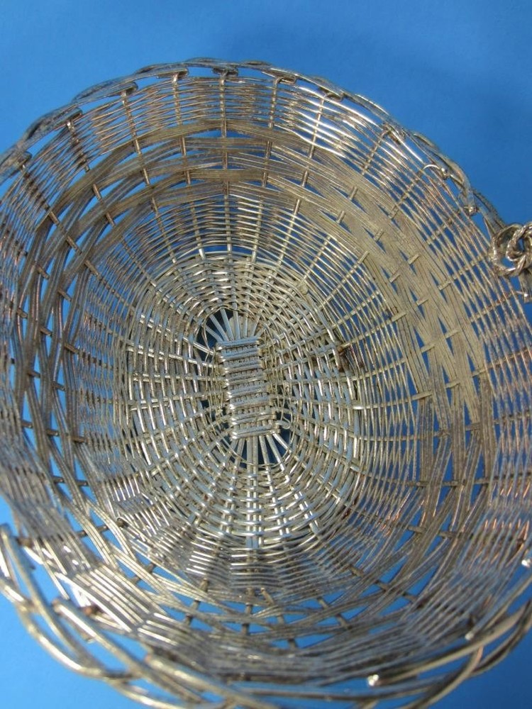 *Basket Silvertone Woven Metal, Quality, Heavy, Swing Handle Easter, Display 7"L