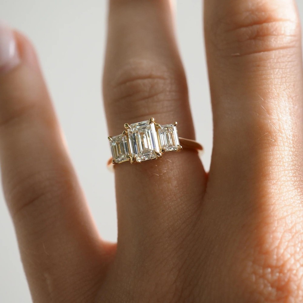 1.25 Ct Emerald Cut Lab Created Three Stone Ring - Step Cut Engagement Ring