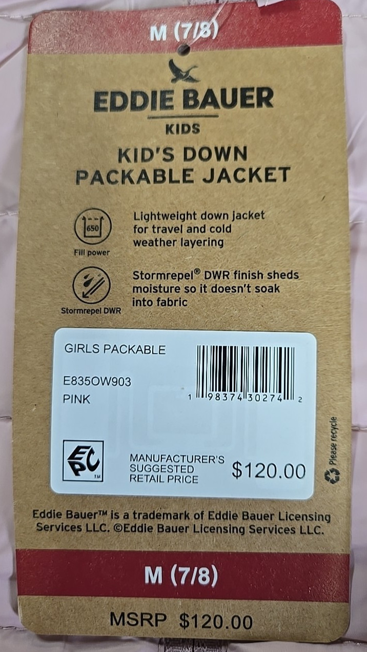 NWT: Girl's Eddie Bauer Down Packable Jacket - 2 Colors/4 Sizes to Choose From!
