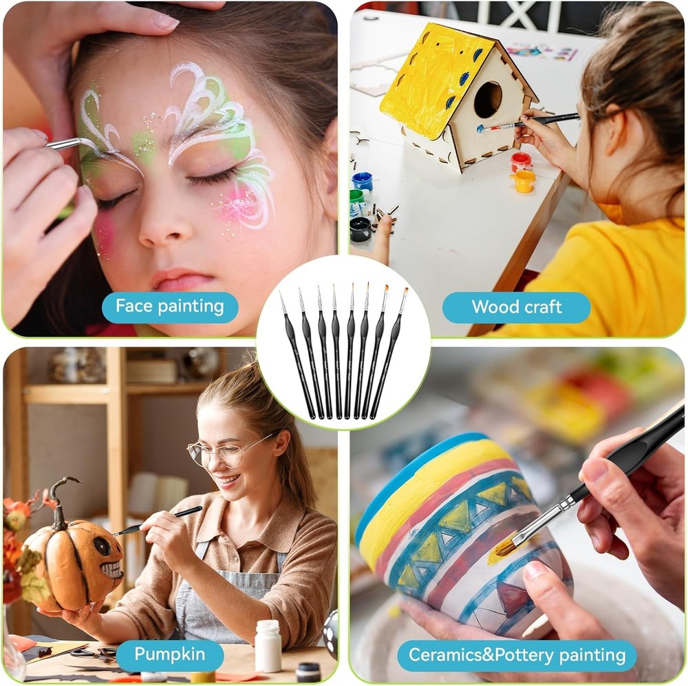 8-Piece Miniature Detail Paint Brushes Set - Precision Round, Filbert & Angular