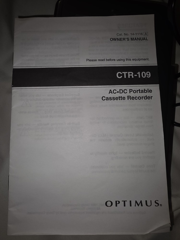 Optimus AC.DC Portable Cassette Recorder CTR-109 With Box