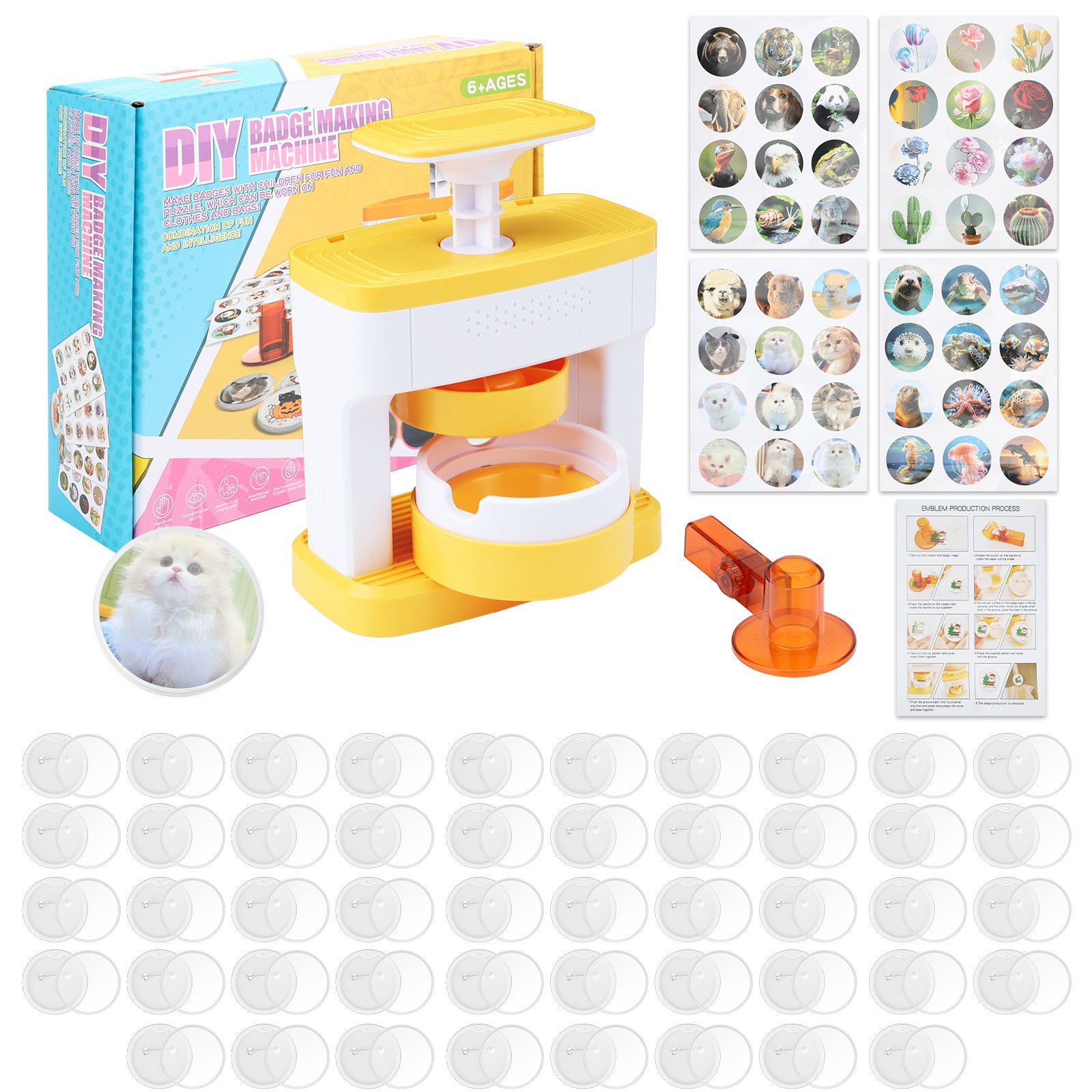 2.16" DIY Button Pin Badge Maker Kit 48 Sets Kids Craft Supplies w/ Safe Cutter