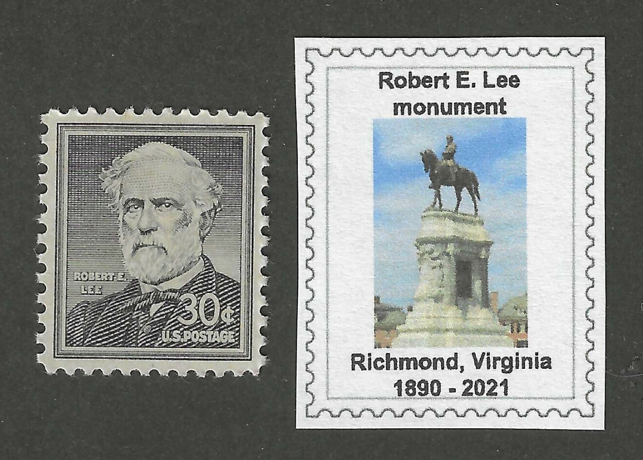 ROBERT E LEE - CONFEDERATE GENERAL - 1957 U.S. STAMP + RICHMOND MONUMENT LABEL