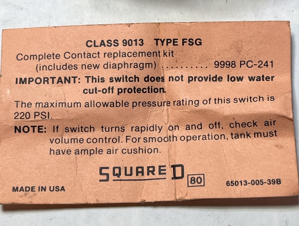 Square D Pumptrol Swith Class 903 Type FSG2