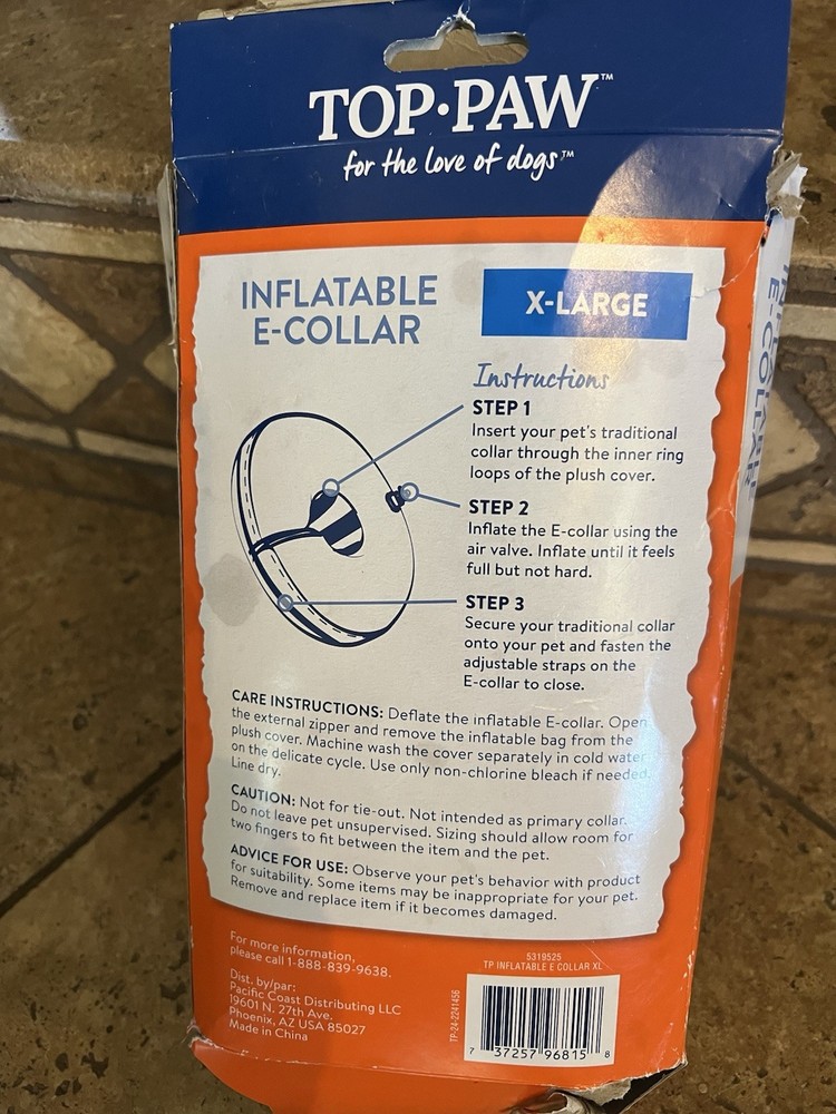 Top Paw Inflatable E-Collar XL Post Surgery New Open Box