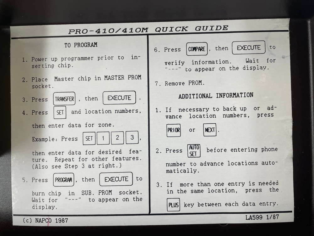 NAPCO PRO-410 PROGRAMMER PROGRAM TESTER VINTAGE PRO-410M