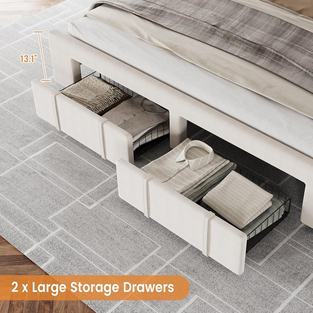 Queen Size Bed Frame, Upholstered Platform Bed Frame with 2 Storage Drawers
