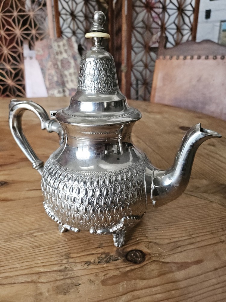Antique Middle Eastern Moroccan Silver Plated Tea Coffee Pot Signed