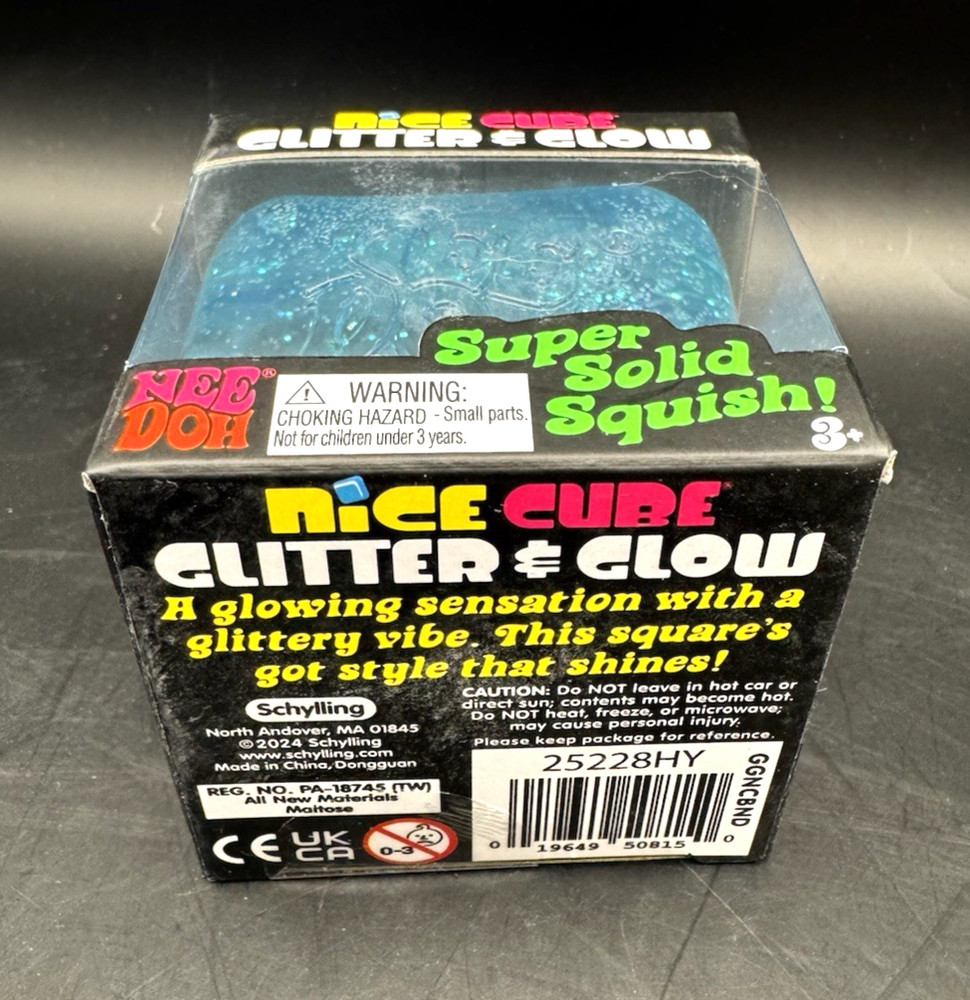 NeeDoh Nice Cube Glitter and Glow, Nee Doh Squishy, Glowing Ice Cube BLUE