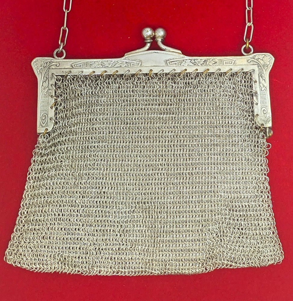 German Silver Mesh Handbag, 5" by 4-3/4"