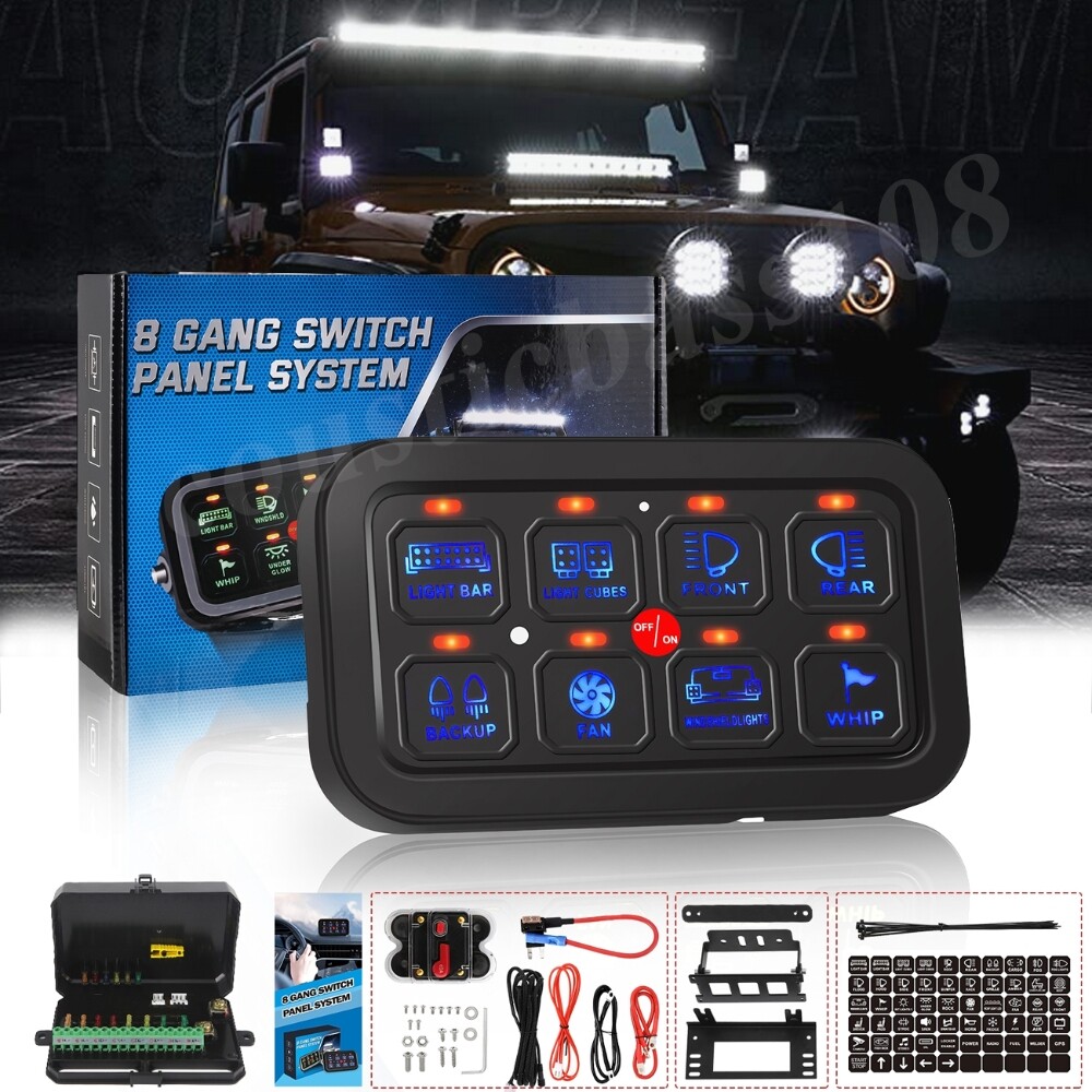 Universal UTV 8 Gang 1200W LED Work Light Relay Control Switch Panel Toggle Blue
