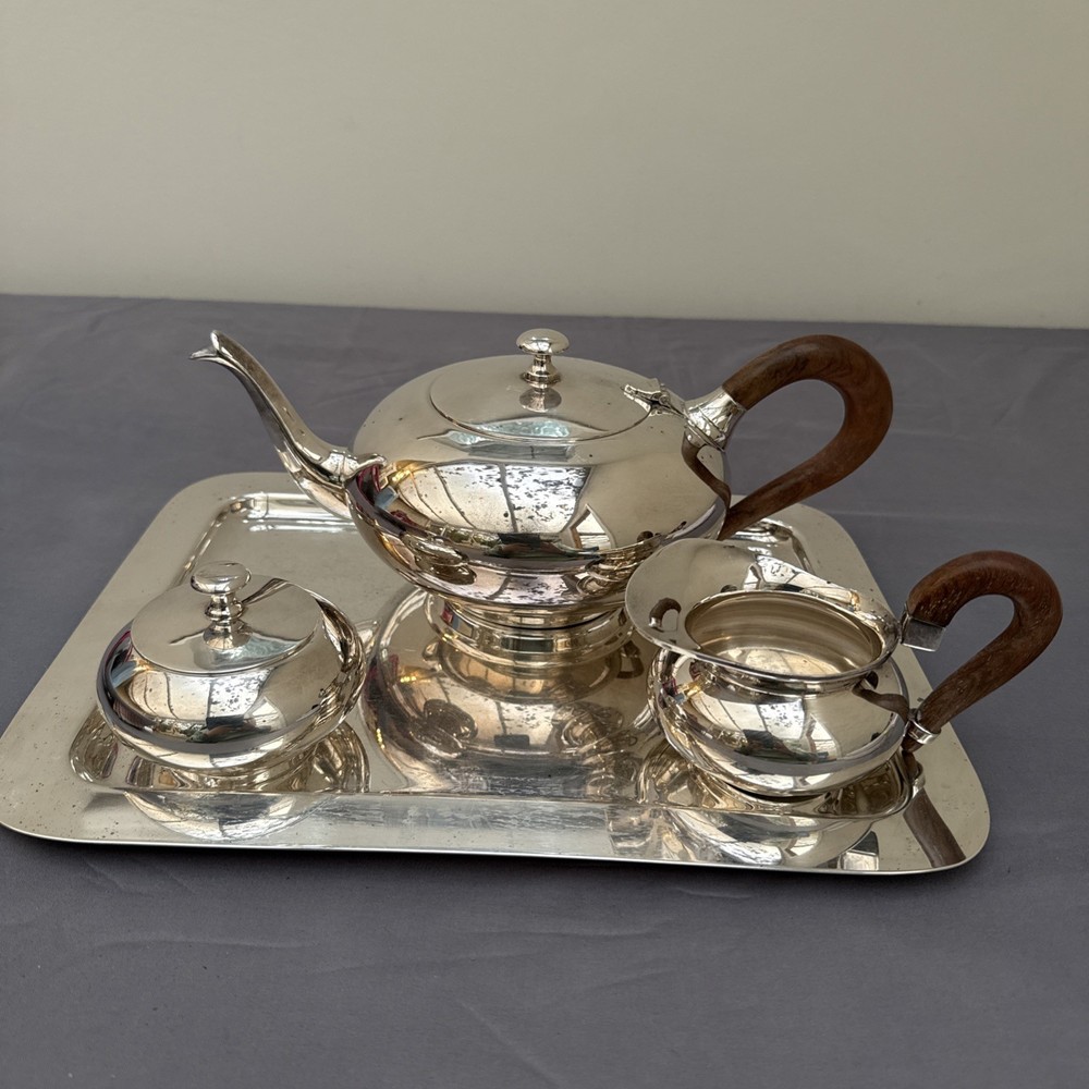 L'ecuyer France Silverplate Vintage Tea Pot, Sugar Bowl, Jub & Tray Set.   (B55)