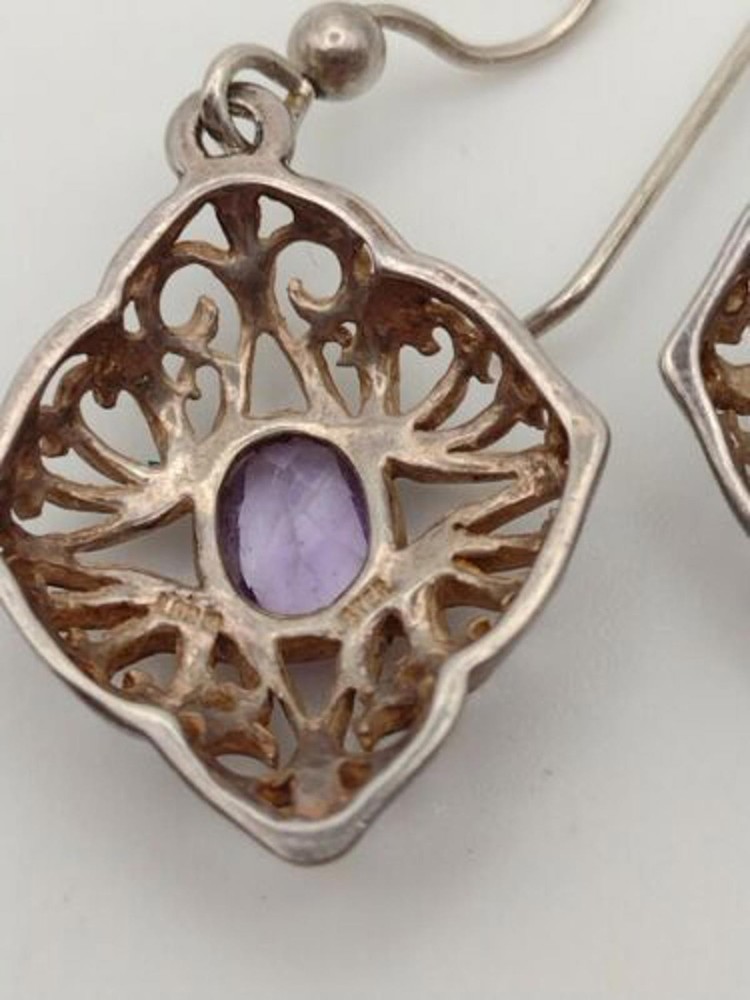 Purple Amethyst Scroll Design 925 Sterling Silver Dangle Drop Earrings