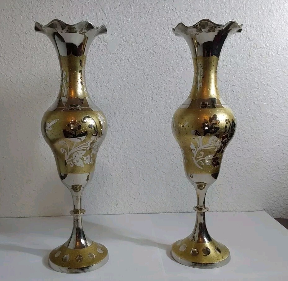 Vtg Middle Eastern Silver over Brass Vase Etched Engraved Set-Nice Shape 11.5 "