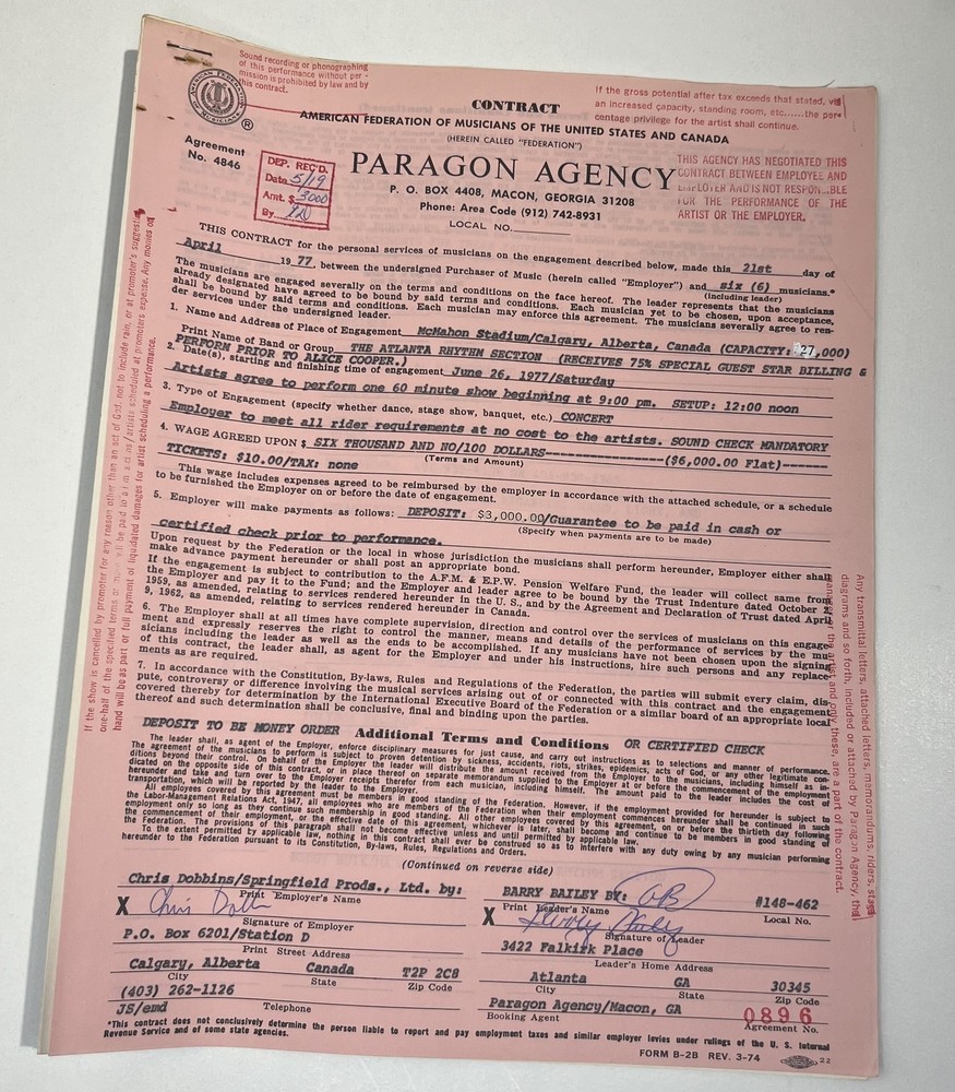 The Atlanta Rhythm Section Concert Contract 1977 Calgary AB