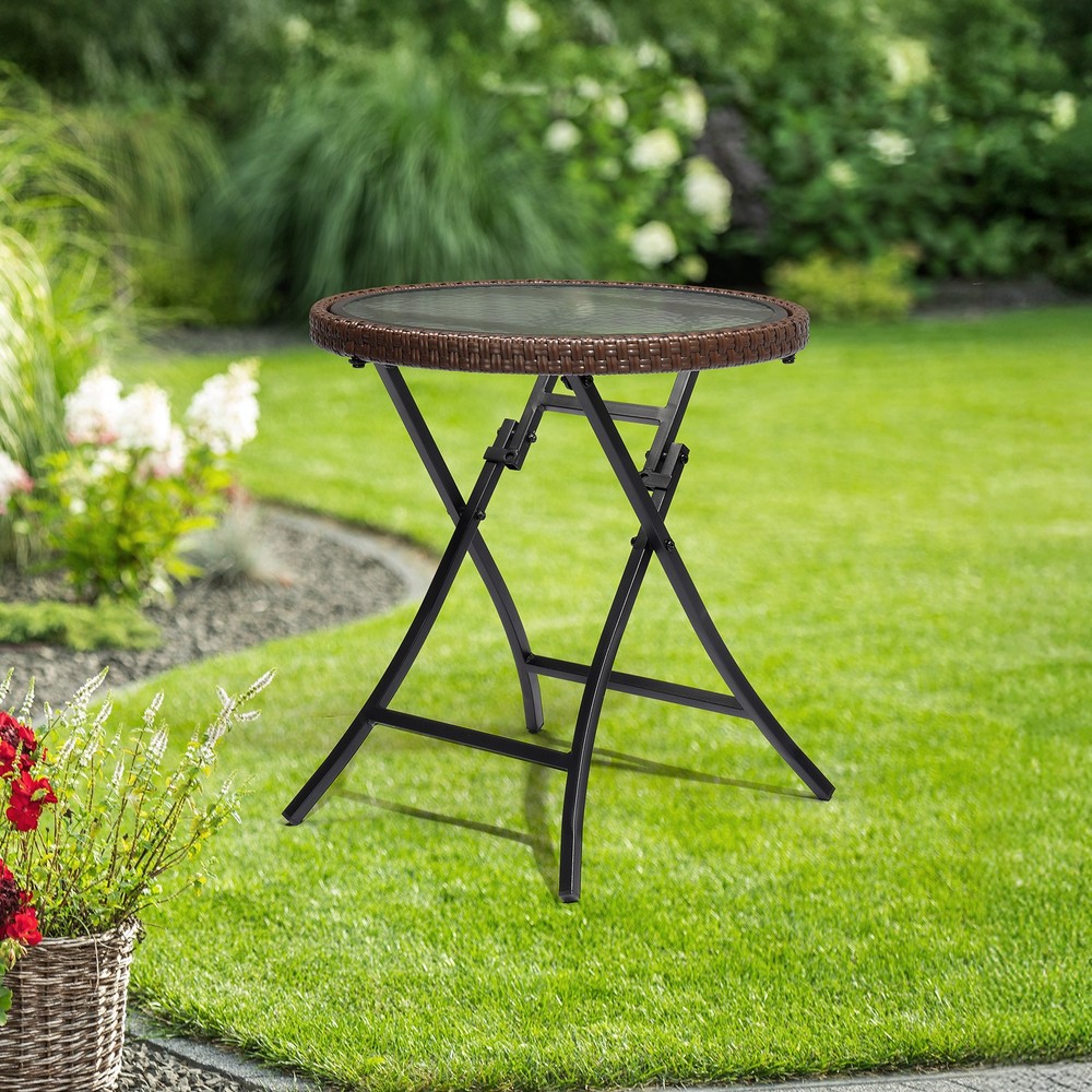 Outdoor Side Table, Round Rattan Patio Side Table, Small Foldable Wicker Table