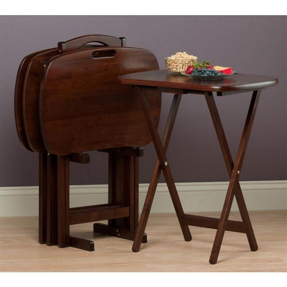 Pemberly Row 5-Piece Transitional Solid Wood Snack Table Set in Walnut