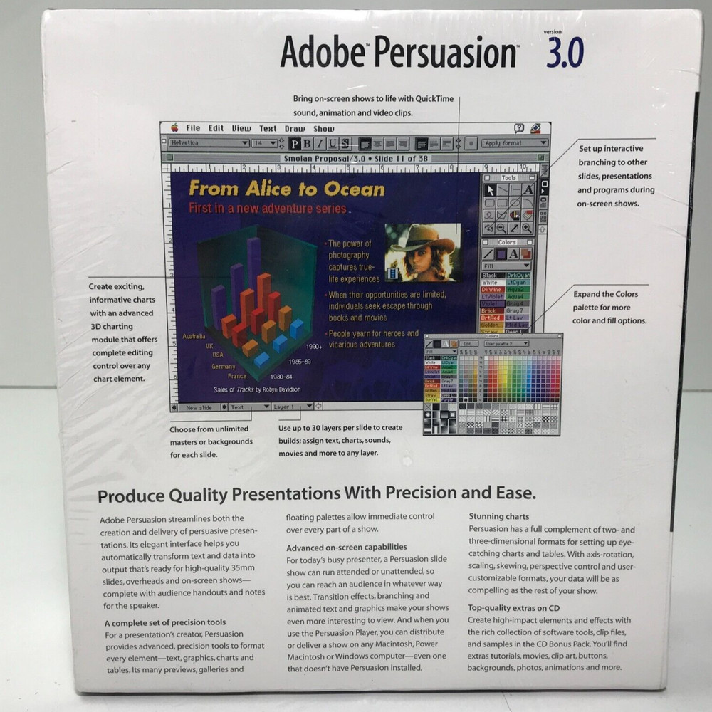 SEALED Adobe Persuasion 3.0 Macintosh 3D Charting Presentation Big Box Software