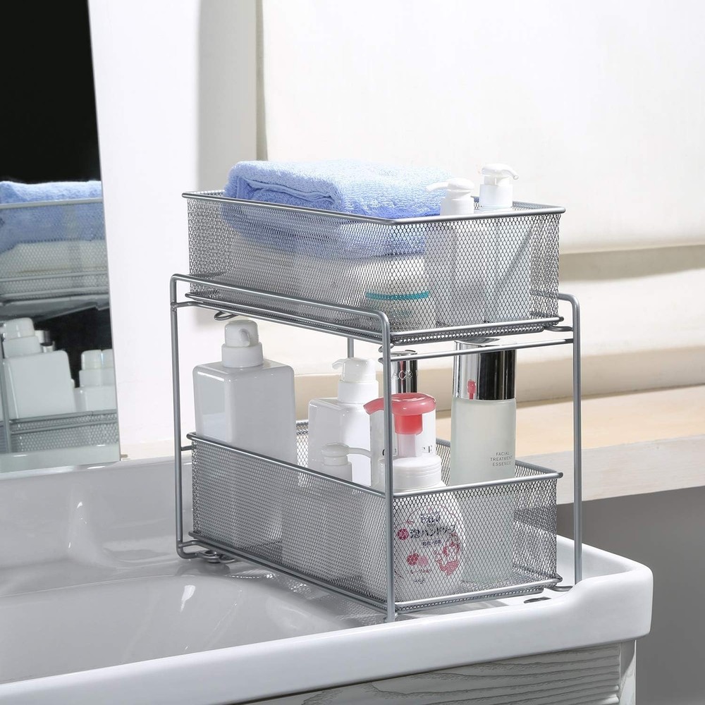 2 Tier Sliding Basket Stackable Cabinet Pull-Out Drawer Mesh Organizer for Ki...