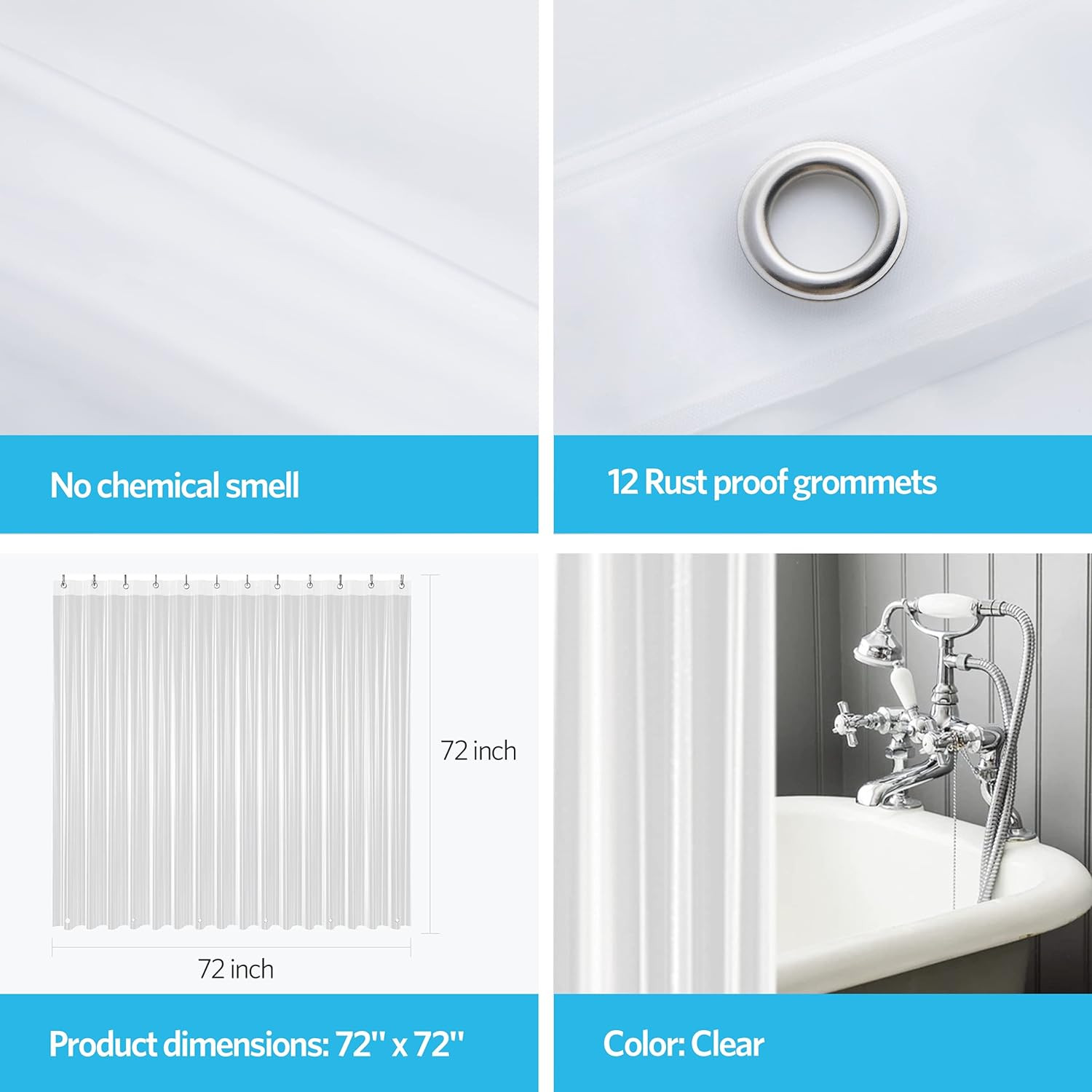 Clear Shower Curtain Liner Light Weight PEVA, Shower Liner 72X72 Inches, Waterpr