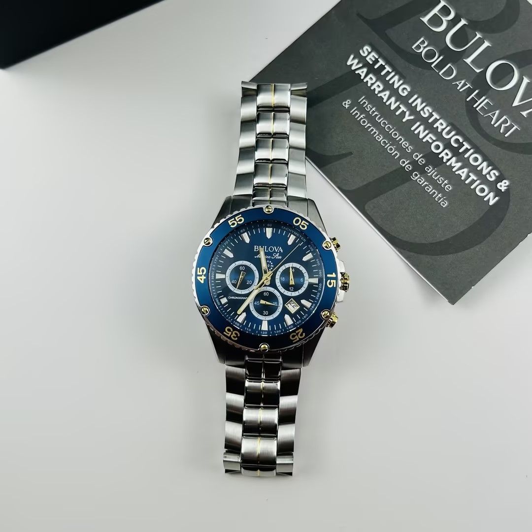 Bulova Marine Star 98B400 Men's Blue Dial Stainless Chronograph Quartz Watch New
