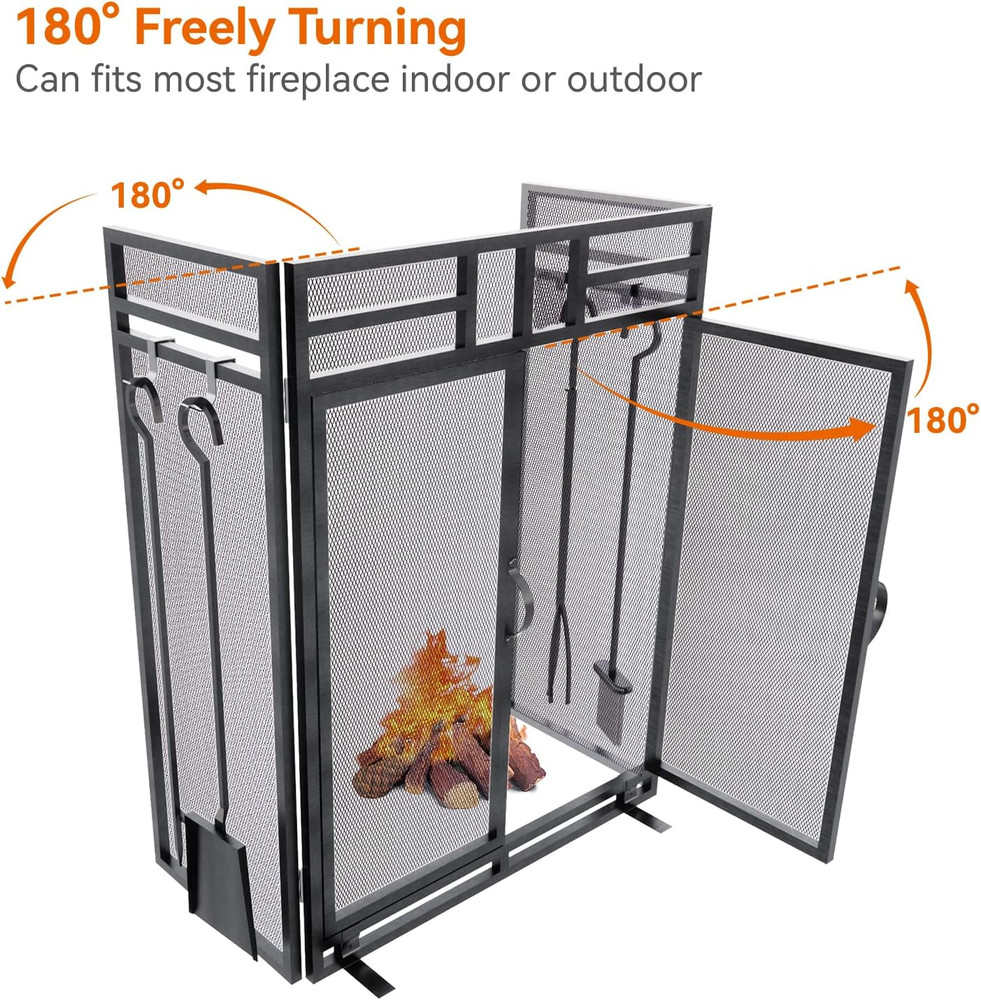 Fireplace Screen with Doors and Tools Set,3 Panel Foldable Metal Fireplace Guard