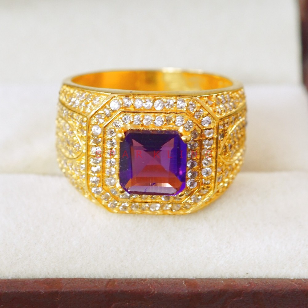 Amethyst Emerald Cut With 14K Solid   Gold  Ring For Men's #E487