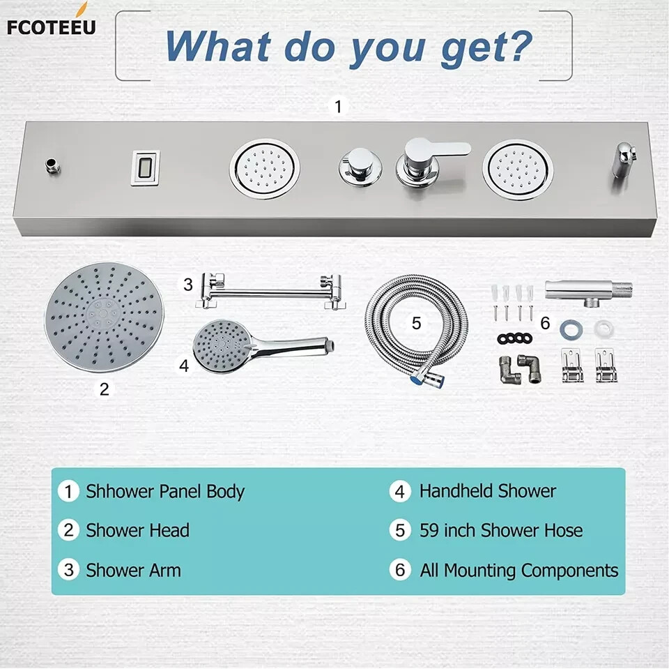 Shower Panel Tower System 8''Adjustable Rainfall Shower Head & Massage Body Jet