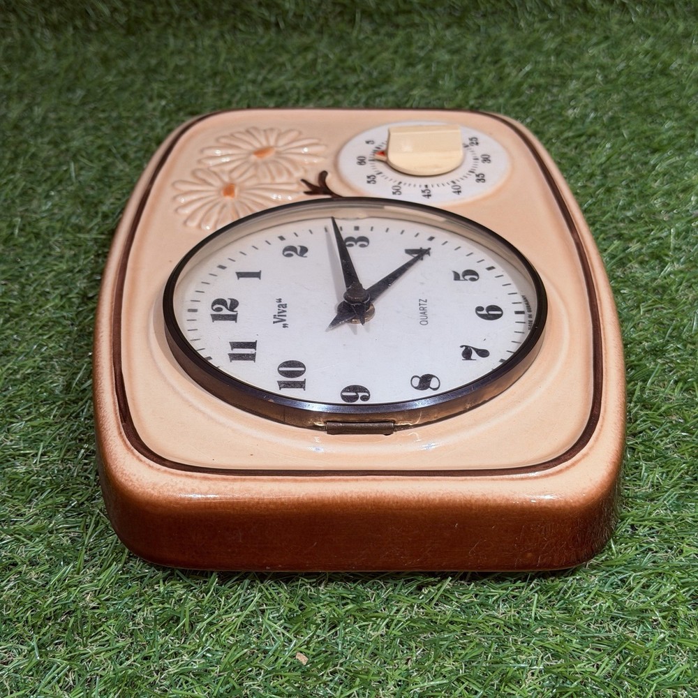 Vintage Retro Beige Flowered Ceramic German Kitchen Wall Clock/Timer/Working