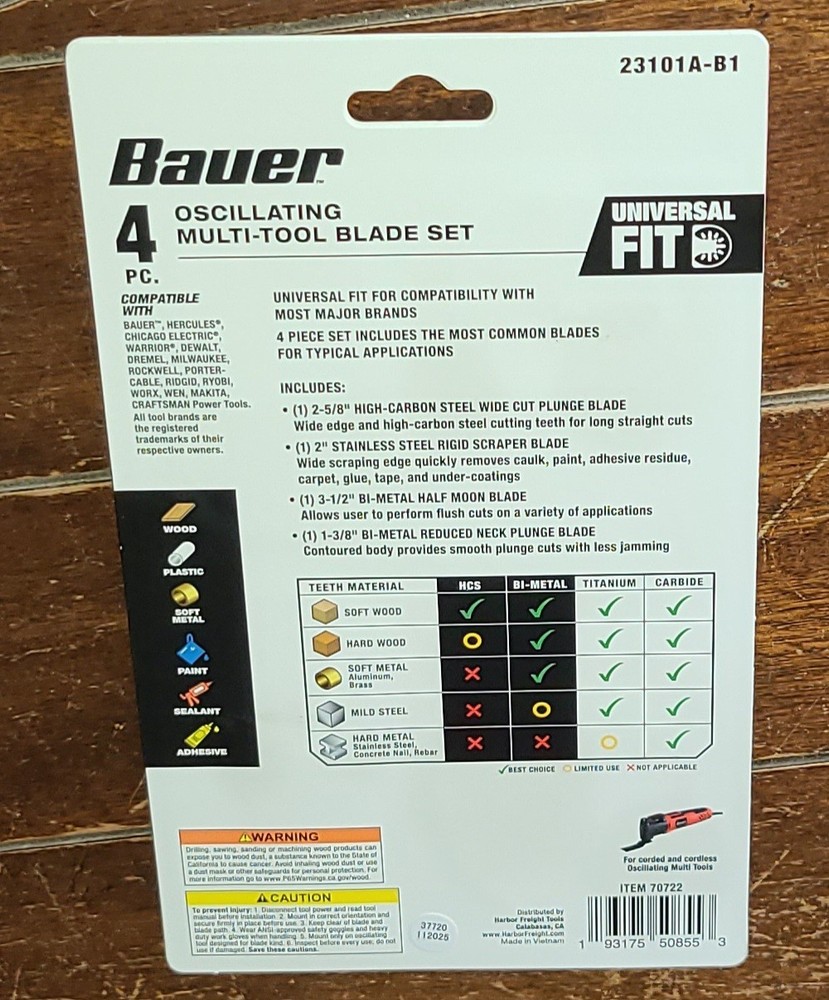 Bauer 4pc Oscillating Multi-Tool Blade Set -Universal Fit- Item #70722