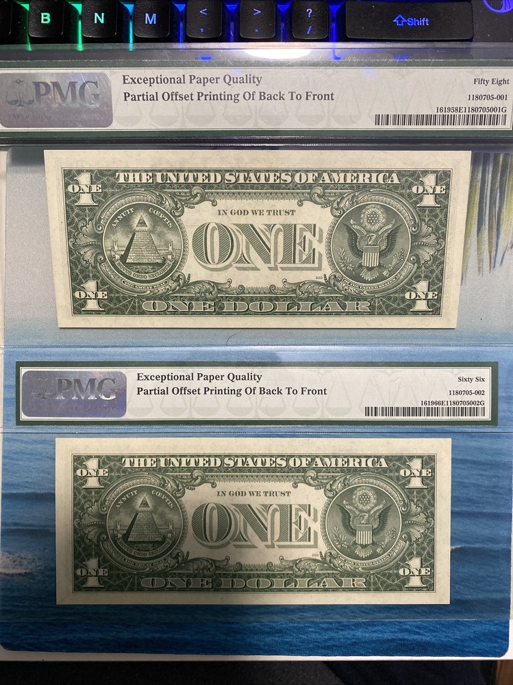 1957 $1 One Dollar Silver Certificate Error Offset Printing PMG 2 consecutive！