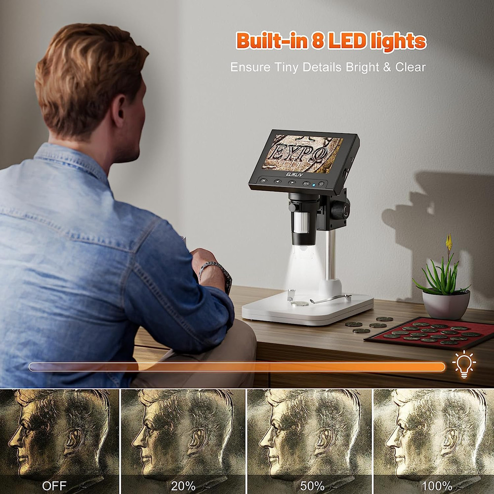 Microscope, LCD Digital Coin Microscope 1000X, Coin Magnifier with 8 Adjustable