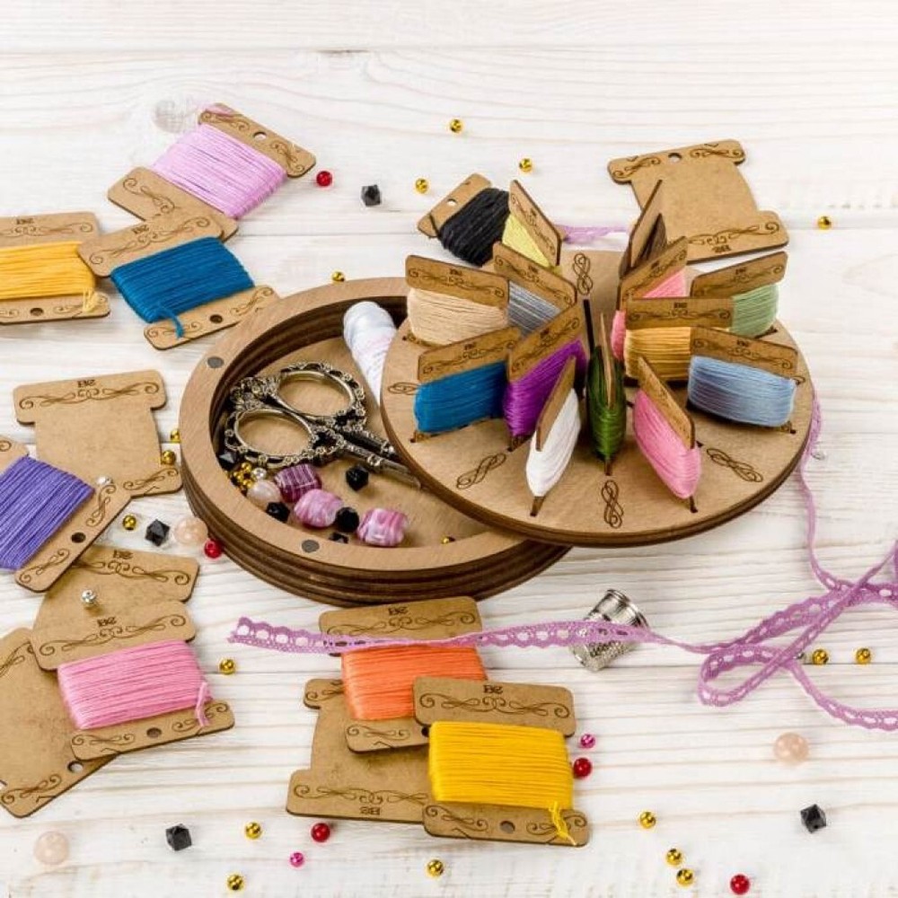 Plywood Needlework Box + 18 spools Needlework Organizer Thread/Floss organizer