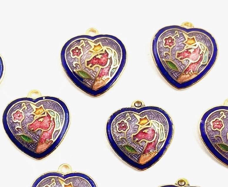 12 Vintage Cloisonné Unicorn & Flower Pink Blue Gold Heart Pendant Charms 5312PT