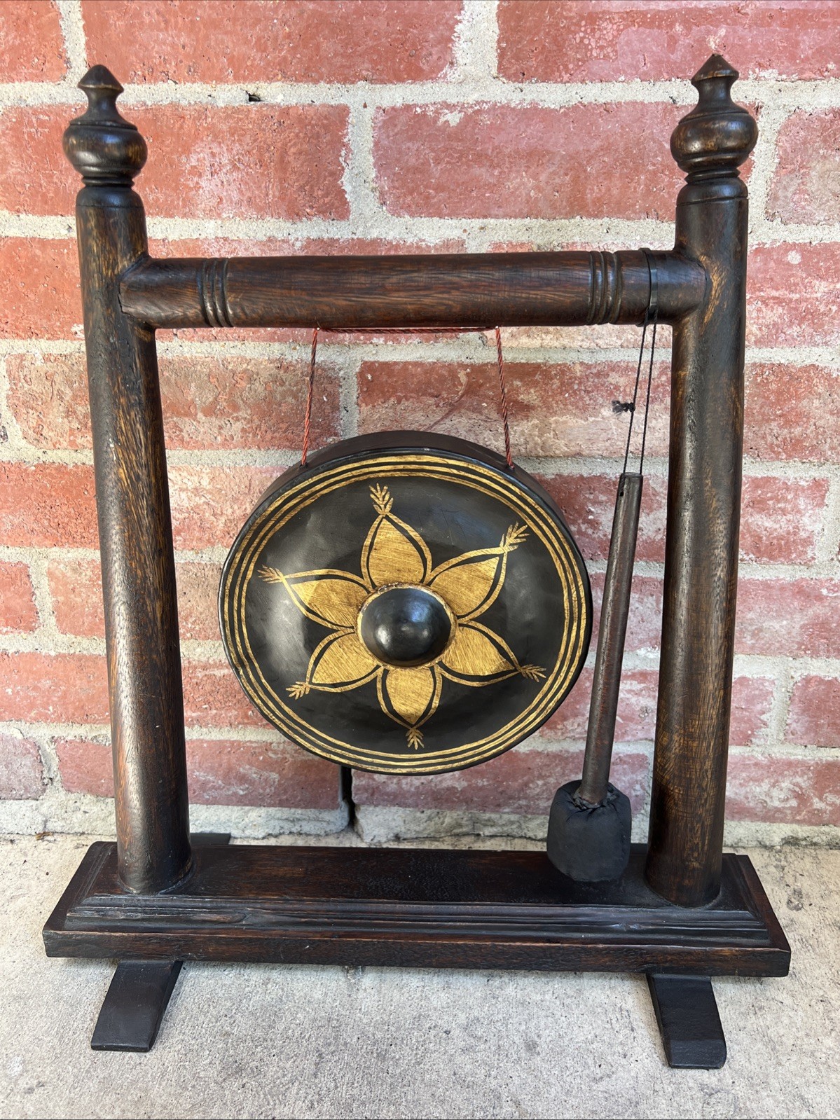Vintage Thai-Style Temple Gong on Wood Stand 22” w/ Mallet Buddhism Decor
