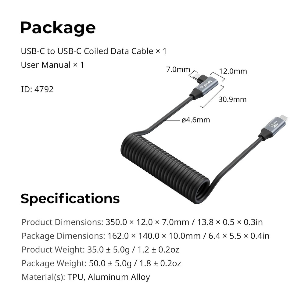 SMALLRIG USB C to C Coiled Data Cable (Straight Angled), 1.15FT-3.28FT