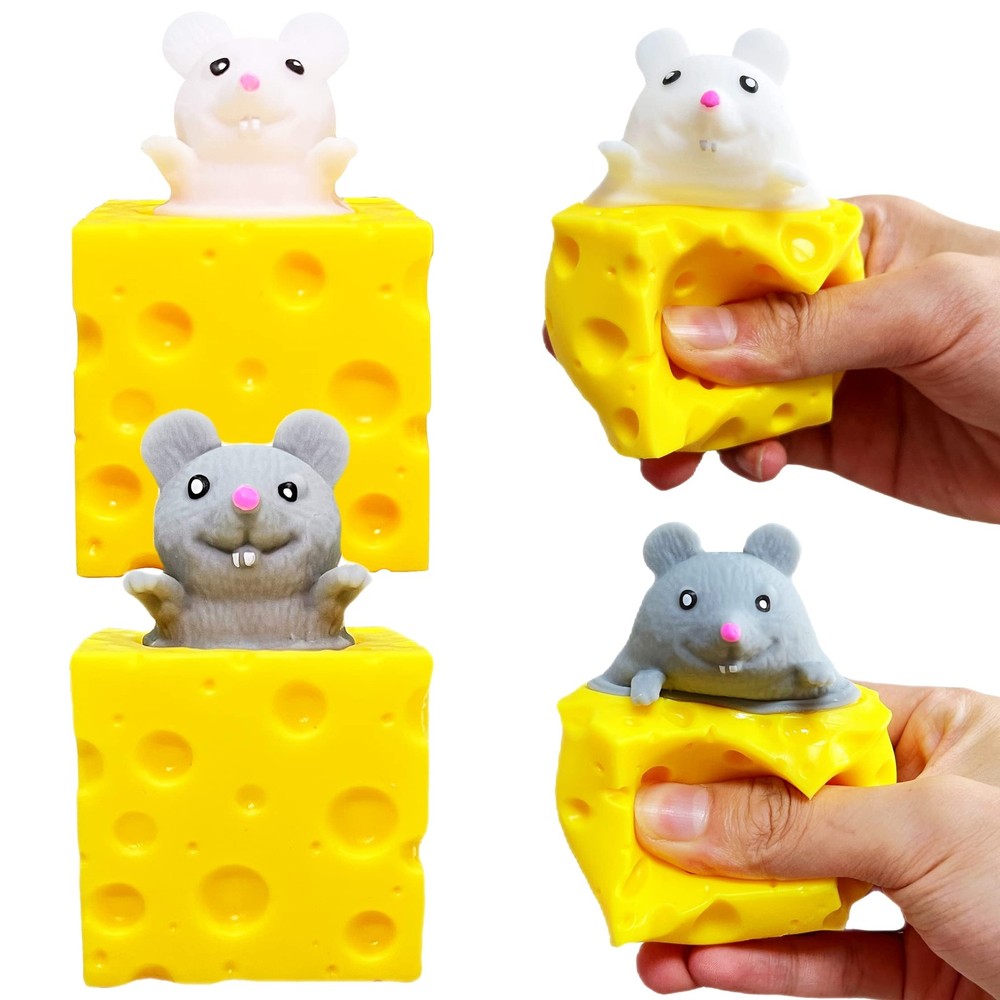 Cheese Mouse Squishy Squeeze Stress Ball (2 Pack) Fidget Small, White+gray