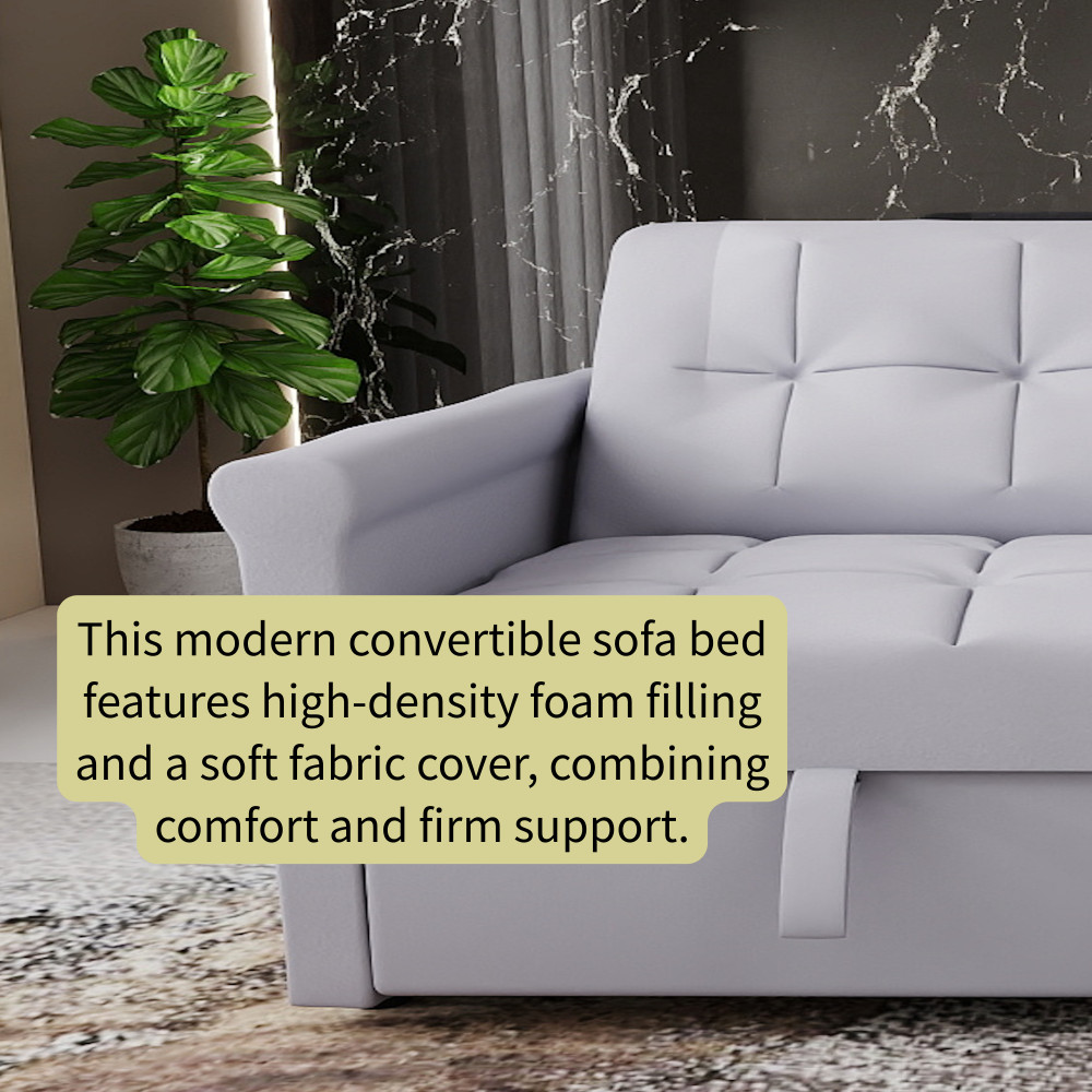 Velvet 2-Seater Sofa Bed, Gray Pull-Out Sleeper with Side Pocket, Compact