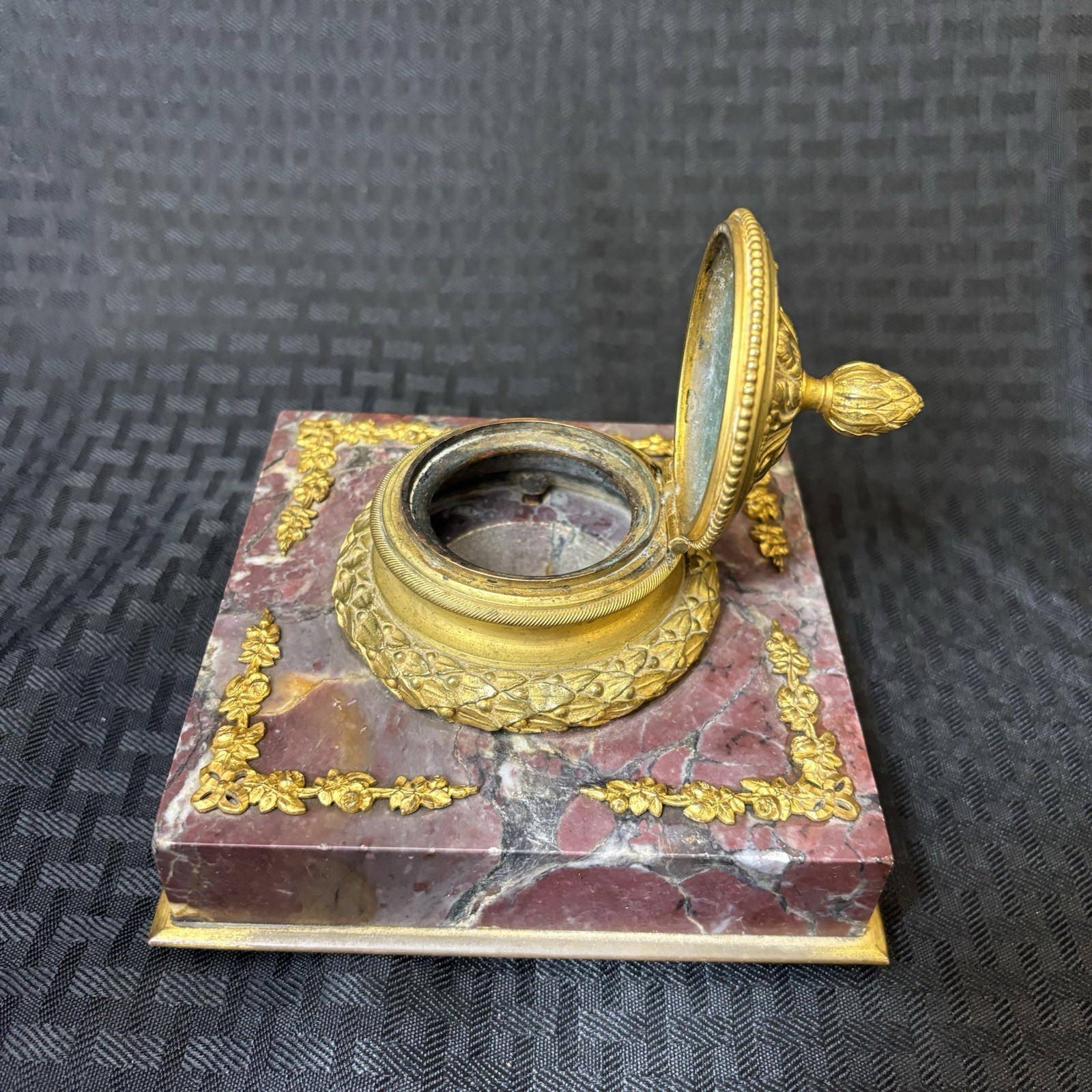Antique French Rouge Marble Gilt Bronze Inkwell Empire Style