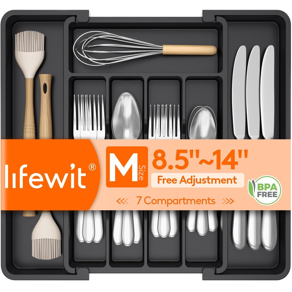 Silverware Drawer Organizer, Medium (8.5-14''W x 12''D), Black