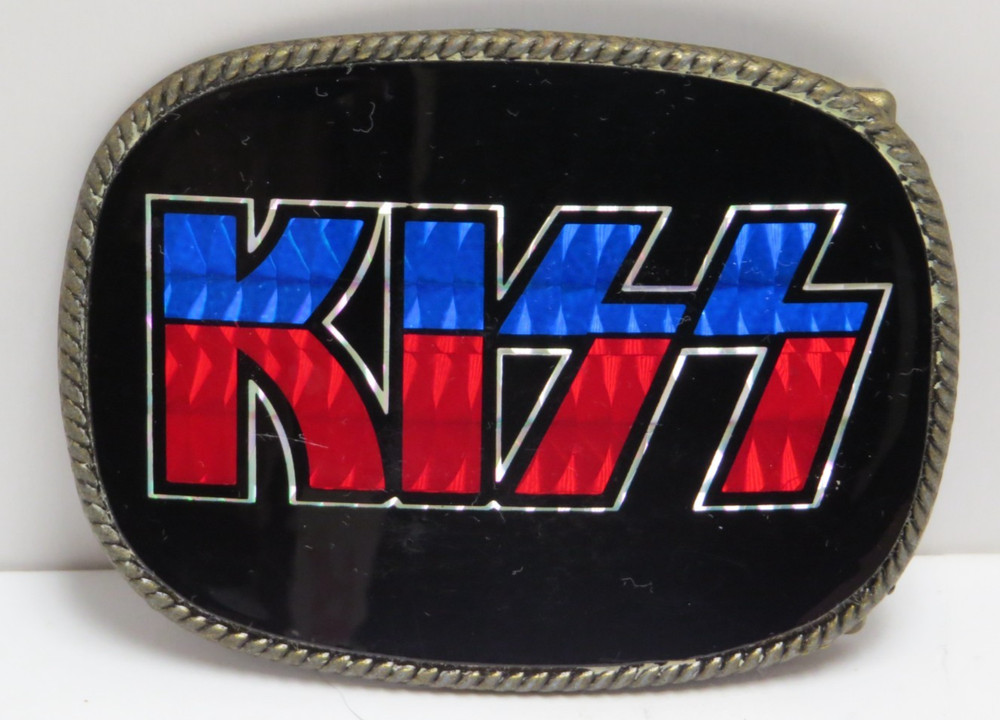 KISS RED AND BLUE LOGO BELT BUCKLE MADE IN MEXICO 1970'S