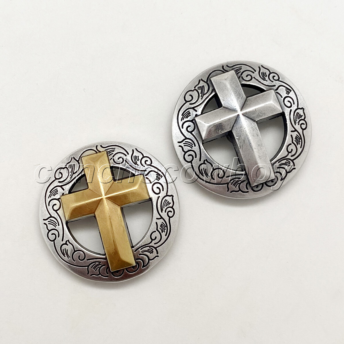 WESTERN SADDLE HORSE TACK ENGRAVED CHRISTIAN CROSS CONCHO 1-1/8" screw back