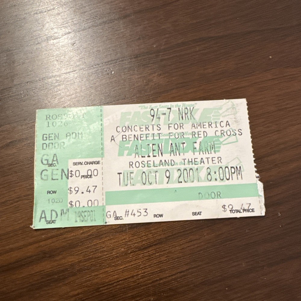 ALIEN ANT FARM CONCERT TICKET STUB 2001 VIP Roseland Theater Vintage