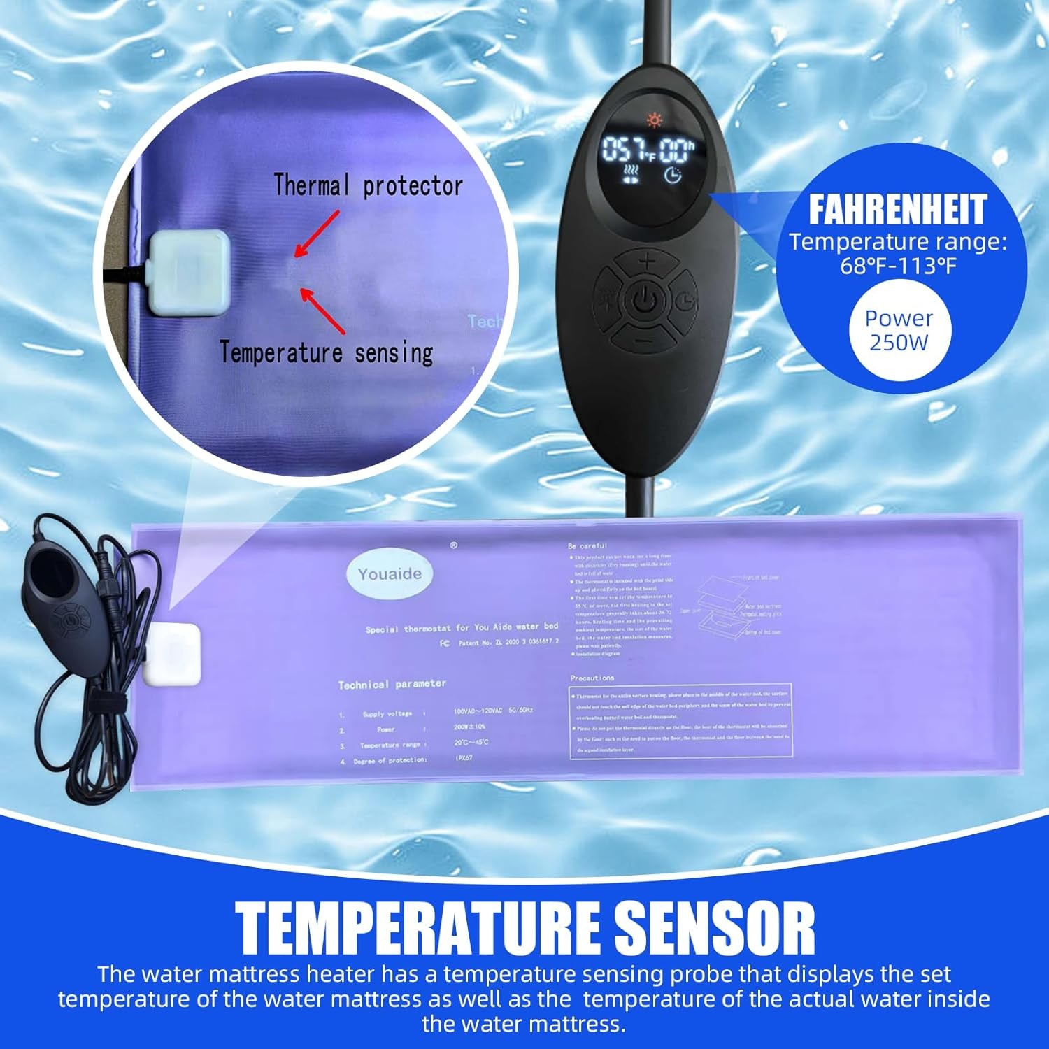Smart Waterbed Heater with LED Digital Controller, 250W Waterbed Heating Pad for
