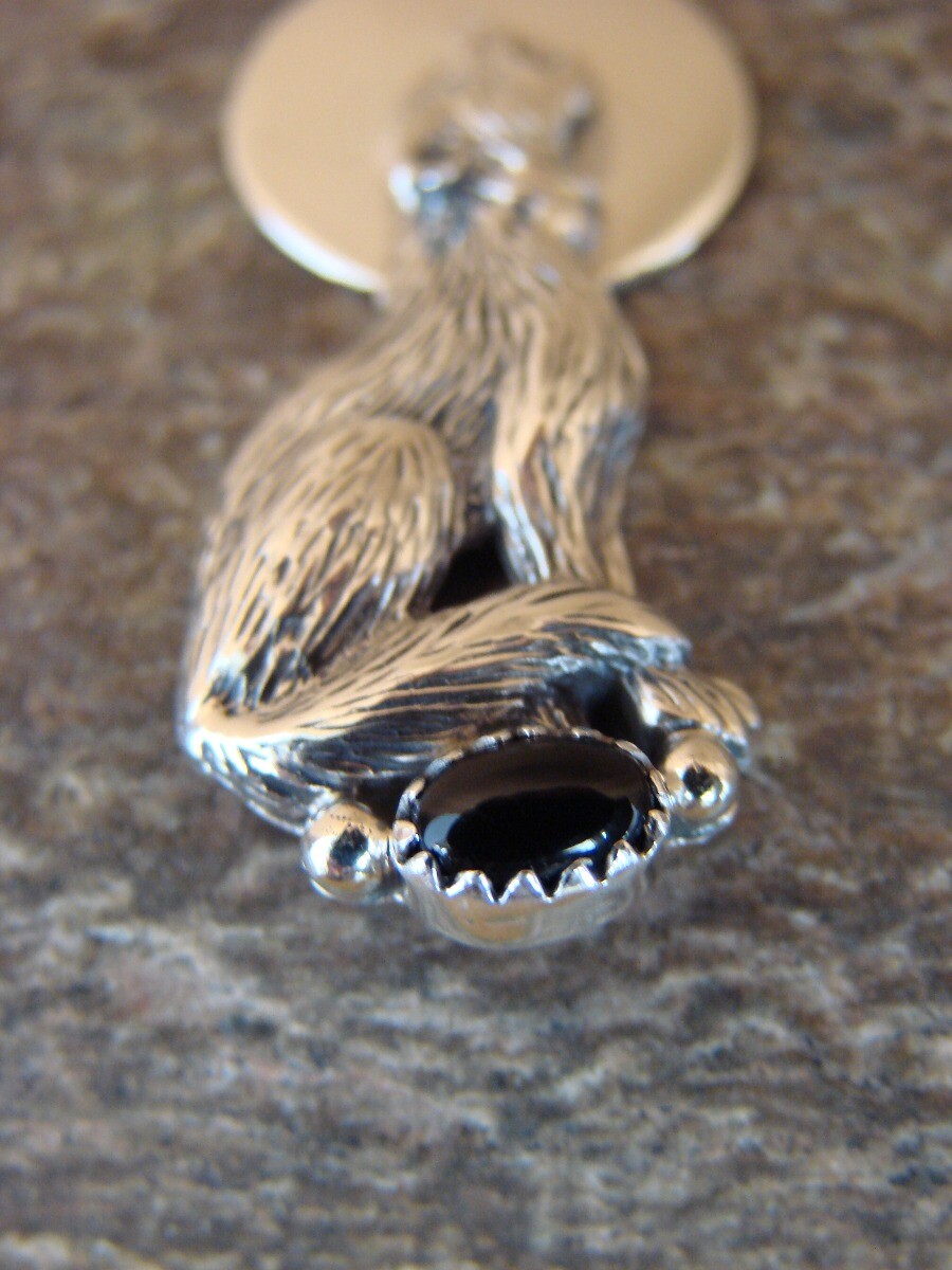 Navajo Indian Sterling Silver Hand Stamped Wolf Onyx Pendant by Yellowhair