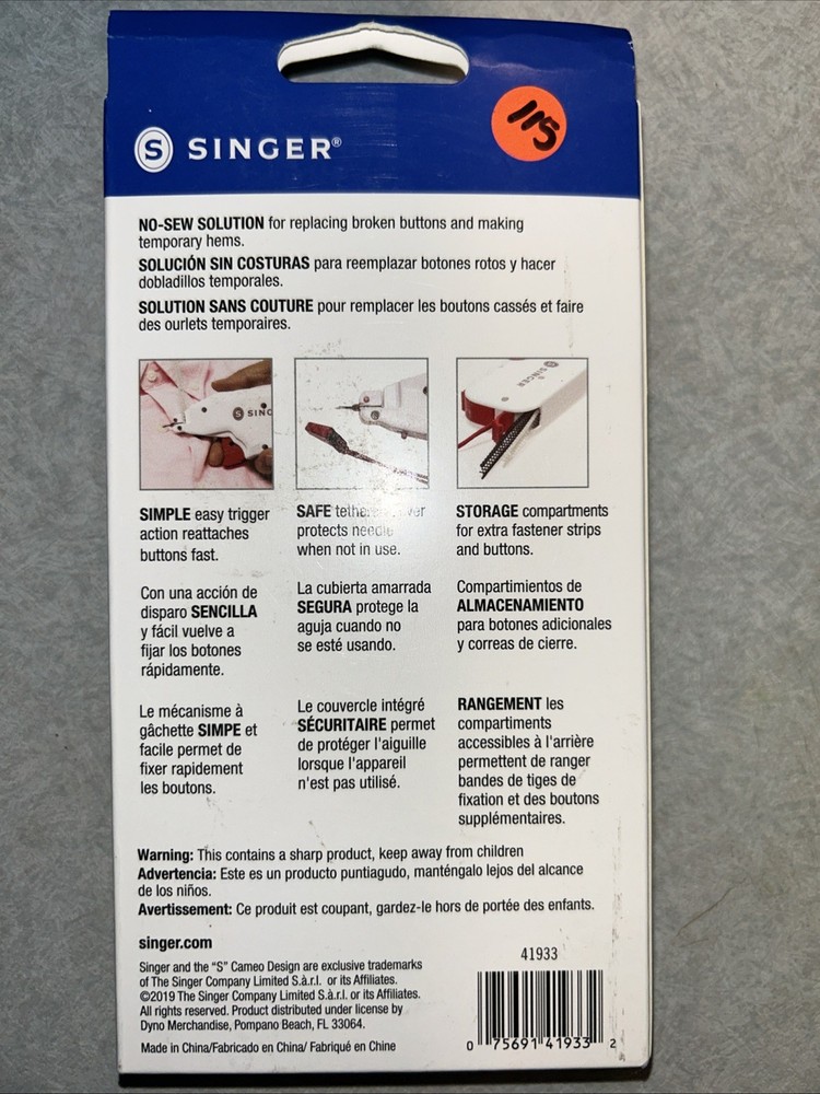 SINGER Button Fast Tool Quick-Fix Replacement No-Sew Solution 41933