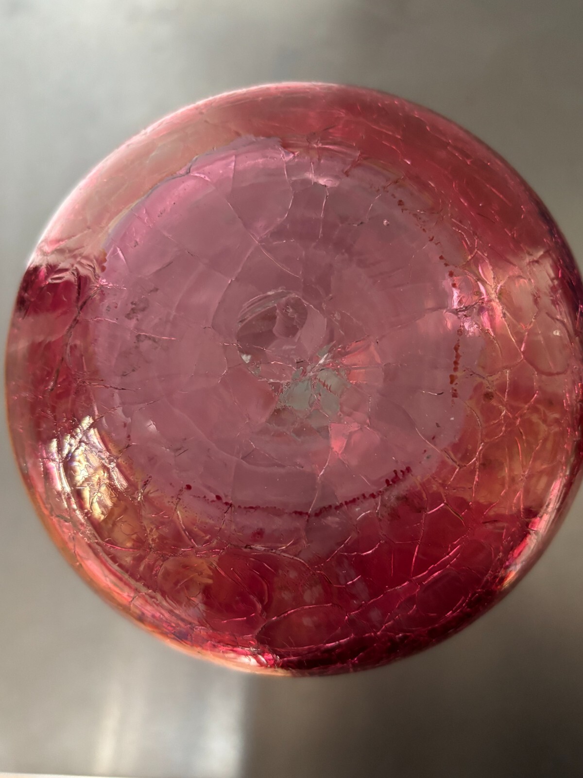 VTG Rainbow Ruffled Glass Crackle Decanter & Stopper Red Clear Rigaree Free Ship